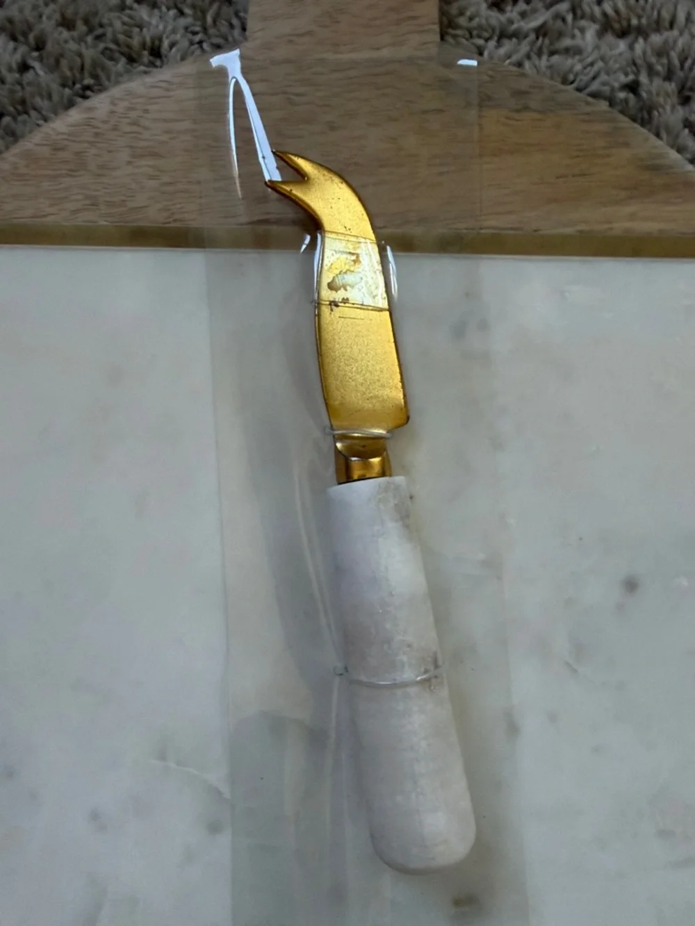 Cost Plus World Market White Marble & Wood Round Cheese Board with Gold Spreader